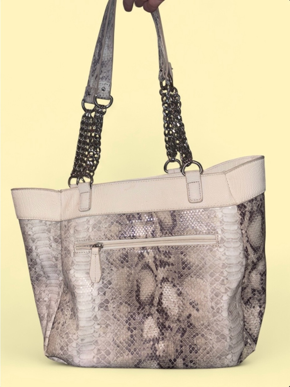 J.Lo Jennifer Lopez Y2K Cream Snakeskin Chain Strap Tote Shoulder Bag